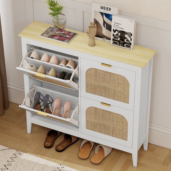 HOMCOM Mobile Scarpiera per 20 Paia di Scarpe con 4 Cassetti Ribaltabili in Legno e Rattan, 105x24x95,5 cm, Bianco | Aosom Italy