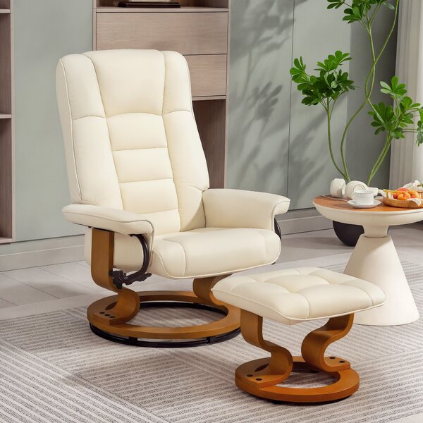 HOMCOM Poltrona relax reclinabile con poggiapiedi, girevole, telaio in legno, rivestimento sintetico crema | Aosom Italy