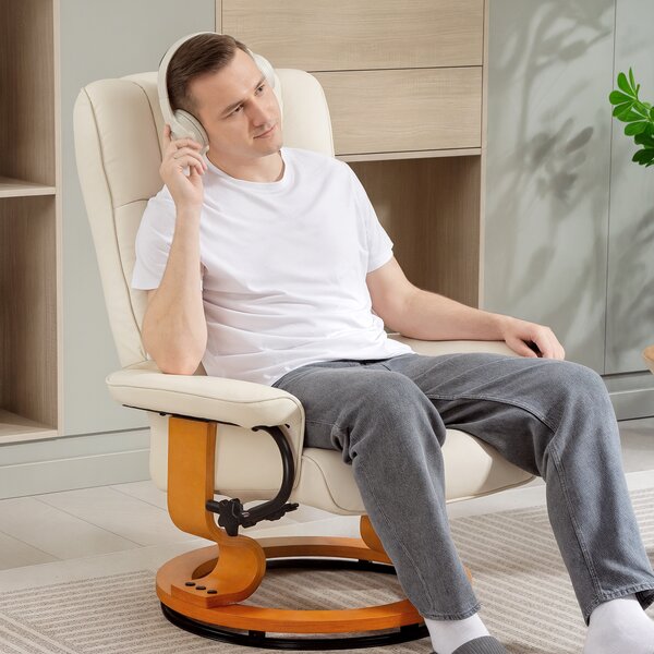 HOMCOM Poltrona relax reclinabile con poggiapiedi, girevole, telaio in legno, rivestimento sintetico crema | Aosom Italy