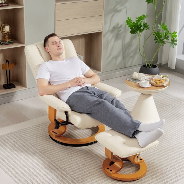 HOMCOM Poltrona relax reclinabile con poggiapiedi, girevole, telaio in legno, rivestimento sintetico crema | Aosom Italy