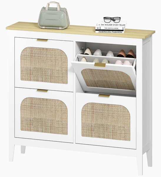 HOMCOM Mobile Scarpiera per 20 Paia di Scarpe con 4 Cassetti Ribaltabili in Legno e Rattan, 105x24x95,5 cm, Bianco | Aosom Italy