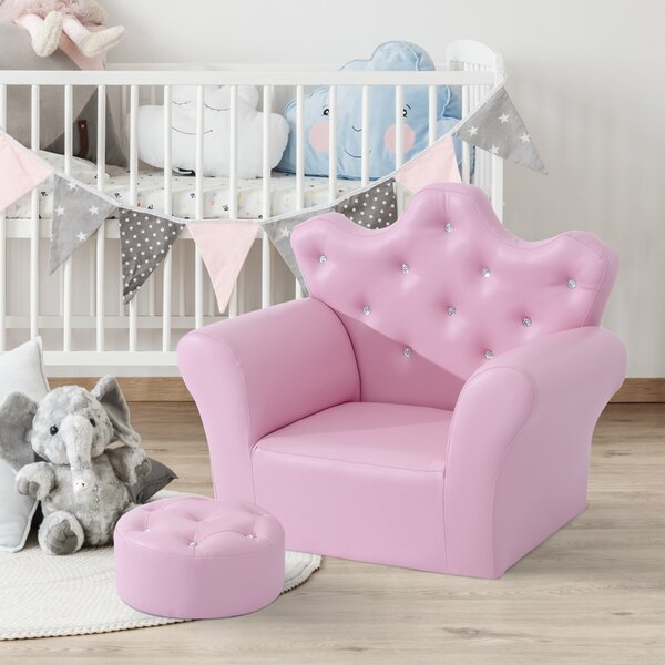 HOMCOM Set Poltrona per Bambini con Poggiapiedi e Bottoni Brillanti, Struttura in Legno con Imbottitura, Rivestimento PVC Rosa|Aosom