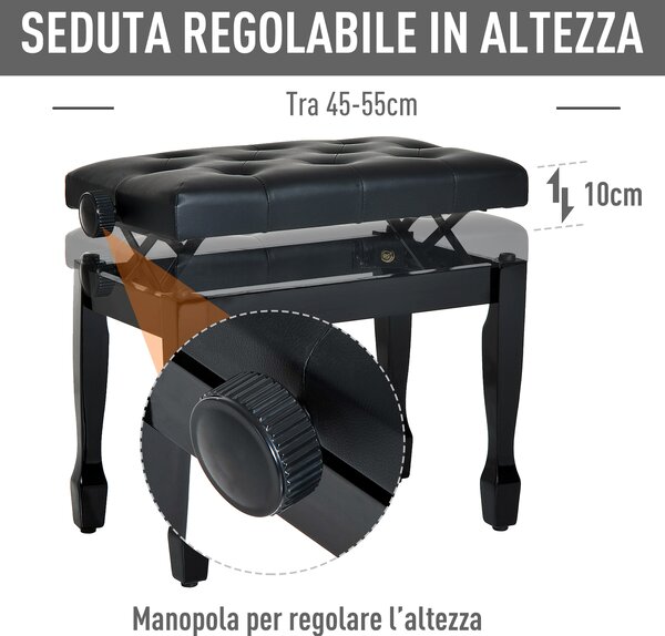 HOMCOM Sgabello Panca per Pianoforte con Altezza Regolabile 45-55cm, in Legno e Similpelle Sgabelli Imbottiti Nera