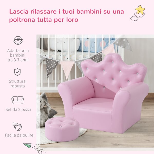 HOMCOM Set Poltrona per Bambini con Poggiapiedi e Bottoni Brillanti, Struttura in Legno con Imbottitura, Rivestimento PVC Rosa|Aosom
