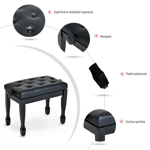 HOMCOM Sgabello Panca per Pianoforte con Altezza Regolabile 45-55cm, in Legno e Similpelle Sgabelli Imbottiti Nera