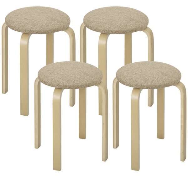 HOMCOM Set 4 Sgabelli Impilabili e Imbottiti con Rivestimento in Tessuto e Gambe in Legno, Cachi | Aosom Italy
