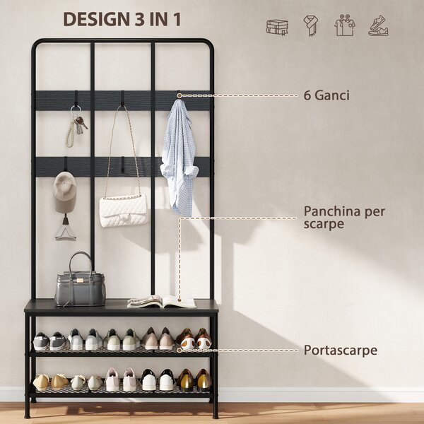 HOMCOM Appendiabiti da Ingresso 3 in 1 con 6 Ganci e Panca con Scarpiera, 91x36x180 cm, Nero | Aosom Italy