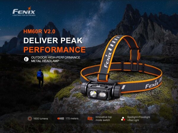 Fenix HM60RV20 - Lampada frontale a LED ricaricabile dimmerabile, ricarica USB, 4000 mAh, IP68, 1600 lm, autonomia fino a 292 h, arancione