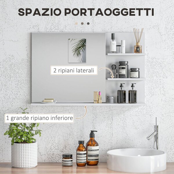 Kleankin Specchio da Bagno a Parete con 2 Ripiani Laterali e Ripiano Inferiore, in MDF e Vetro con finitura verniciata, 75x10x48 cm, Bianco | Aosom Italy