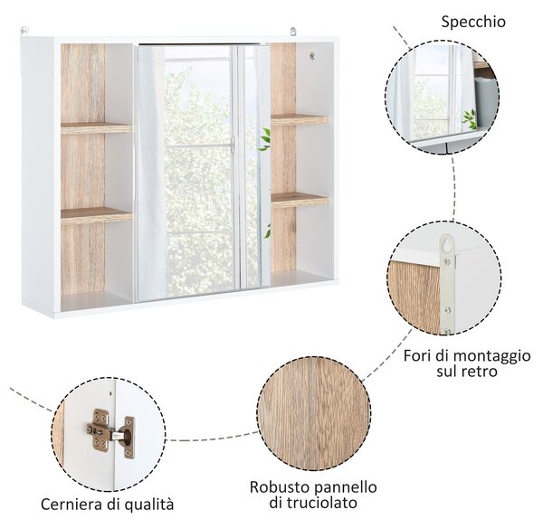 HOMCOM Armadietto con Specchio in MDF e Truciolato con 3 Ripiani Laterali e Ripiano Regolabile Interno, 60x14.5x49.4 cm|Aosom