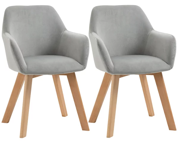 HOMCOM Set 2 Sedie per Soggiorno Imbottite in Velluto con Braccioli e Gambe in Legno, Sedie Sala da Pranzo, 54x57x80cm, Grigio | Aosom Italy
