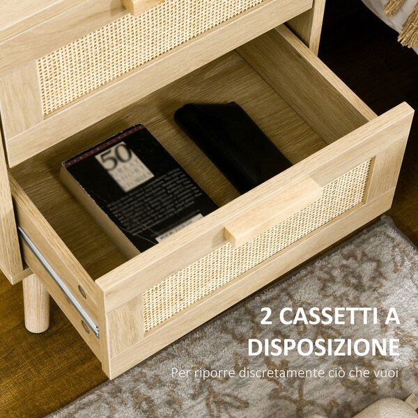 HOMCOM Comodino per Camera da Letto con 2 Cassetti in Stile Boho, 40x40x56cm, Colore Legno Naturale|Aosom