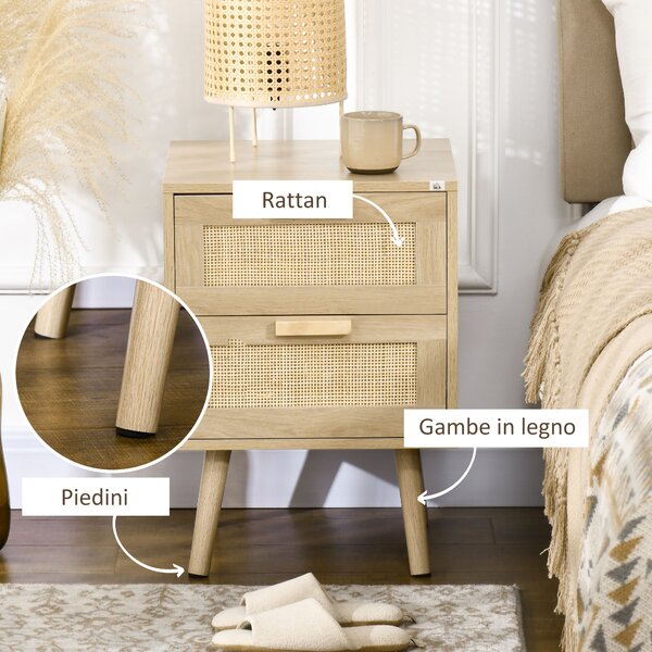 HOMCOM Comodino per Camera da Letto con 2 Cassetti in Stile Boho, 40x40x56cm, Colore Legno Naturale|Aosom
