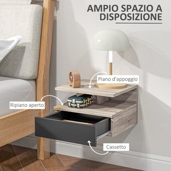 HOMCOM Set di 2 Comodini Sospesi Moderni con Cassetto e Mensola Superiore, 35x32x22.5cm, Rovere e Nero|Aosom