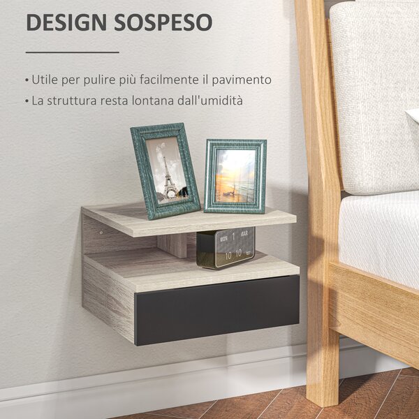 HOMCOM Set di 2 Comodini Sospesi Moderni con Cassetto e Mensola Superiore, 35x32x22.5cm, Rovere e Nero|Aosom