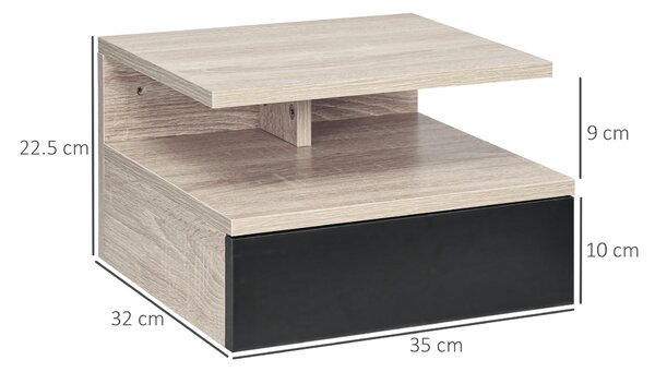 HOMCOM Set di 2 Comodini Sospesi Moderni con Cassetto e Mensola Superiore, 35x32x22.5cm, Rovere e Nero|Aosom