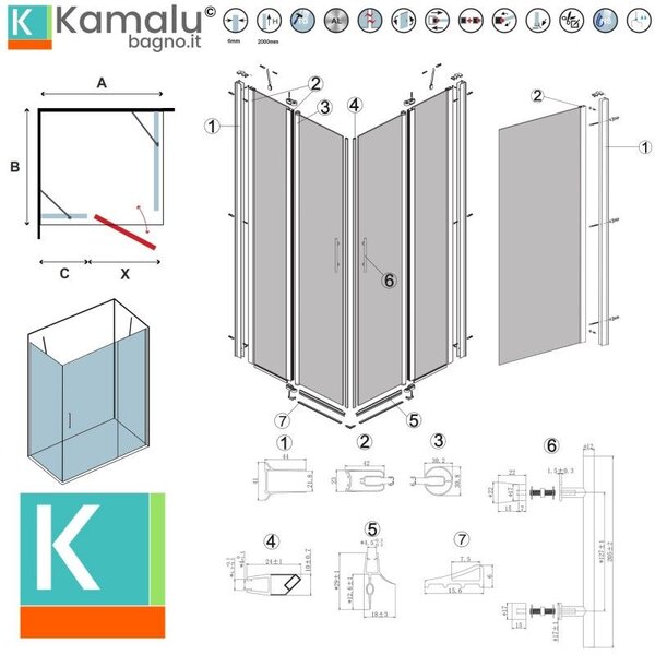 Kamalu box doccia finitura nera 70x70cm battente e fisso | kpx2800n