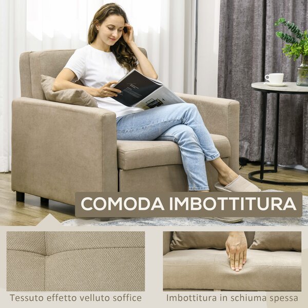 HOMCOM Poltrona Letto in Tessuto Effetto Velluto Marrone Chiaro con 2 Cuscini e Spazio Portaoggetti, 100x98x88 cm