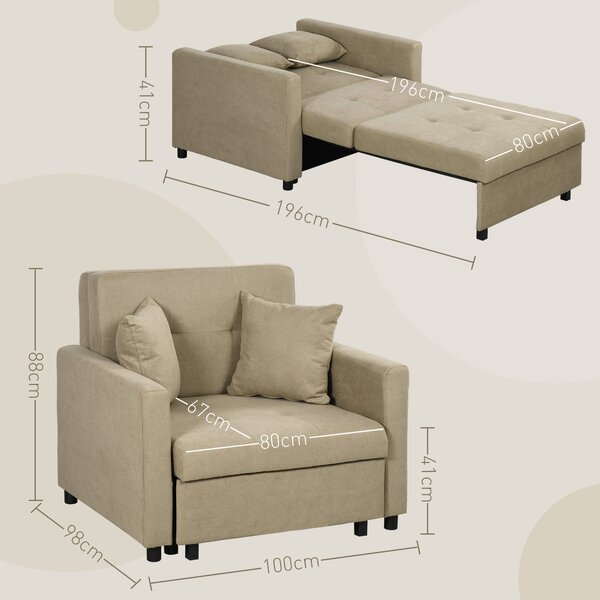 HOMCOM Poltrona Letto in Tessuto Effetto Velluto Marrone Chiaro con 2 Cuscini e Spazio Portaoggetti, 100x98x88 cm