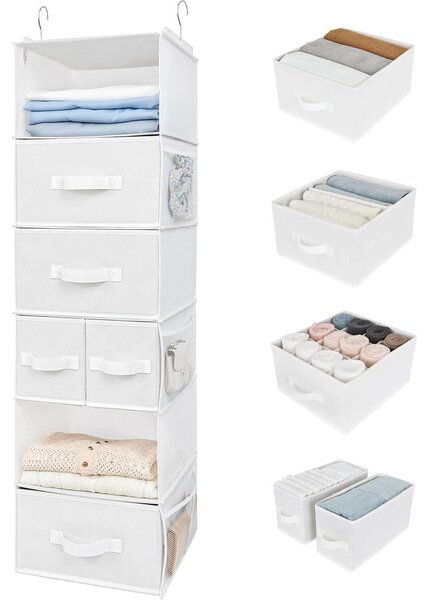 Organizzatore da appendere con 5 cassetti e 6 tasche laterali, colore bianco, realizzato in tessuto non tessuto, dimensioni 31x35x118,4 cm