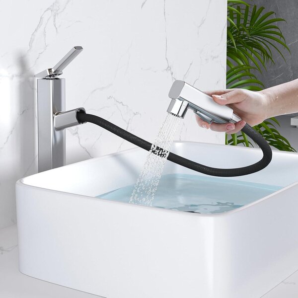Miscelatore per lavabo con doccetta estraibile, 3 modalità di erogazione, rubinetto alto per bagno, monocomando, finitura cromata, predisposizione per un foro