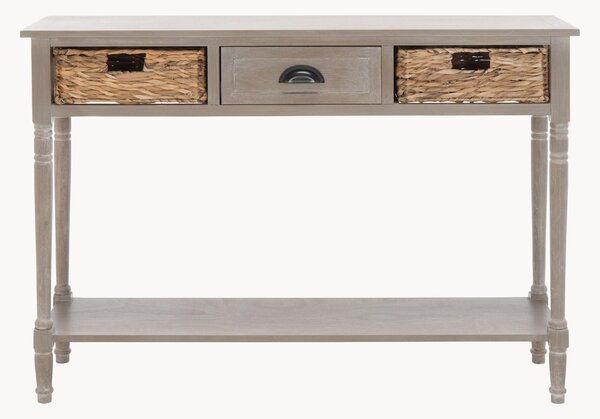 Consolle in legno di pino con cassetto e cesti in rattan Vintage