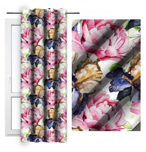 Tenda su anelli 140x250 cm bianco con fiori rosa