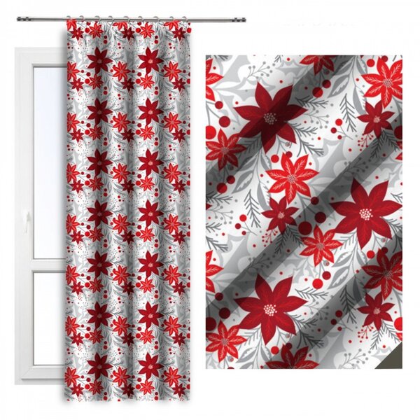 Tenda con nastro 140x250 cm bianco con fiori rossi