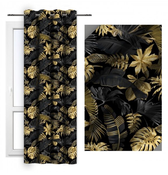 Tenda su anelli 140x250 cm nero, mostro di foglie