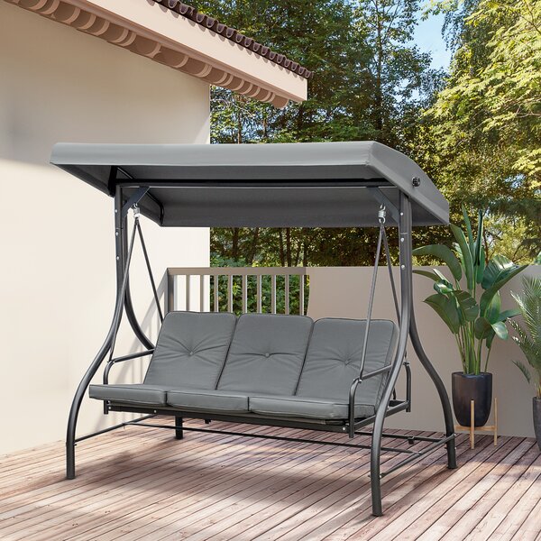 Outsunny Dondolo da Giardino 3 Posti Convertibile in Lettino con Tettuccio Regolabile, Grigio Scuro|Aosom
