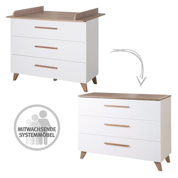 Cassettiera bassa per bambini in rovere con fasciatoio in bianco e naturale 110x98 cm - Roba