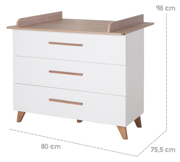 Cassettiera bassa per bambini in rovere con fasciatoio in bianco e naturale 110x98 cm - Roba