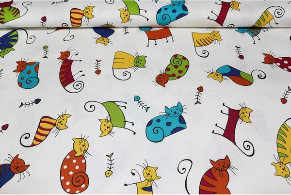 Tessuto cotone tovagliato al metro Gatti multicolori, alt. 140 cm