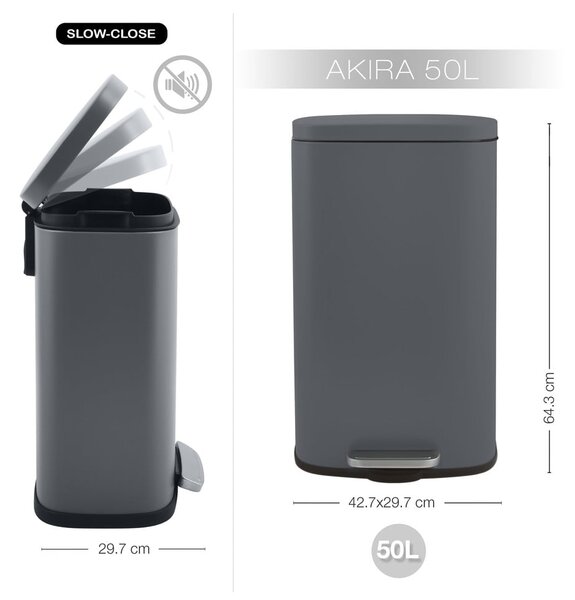 Cestino per la spazzatura grigio scuro in acciaio con pedale 50 l Akira – Spirella