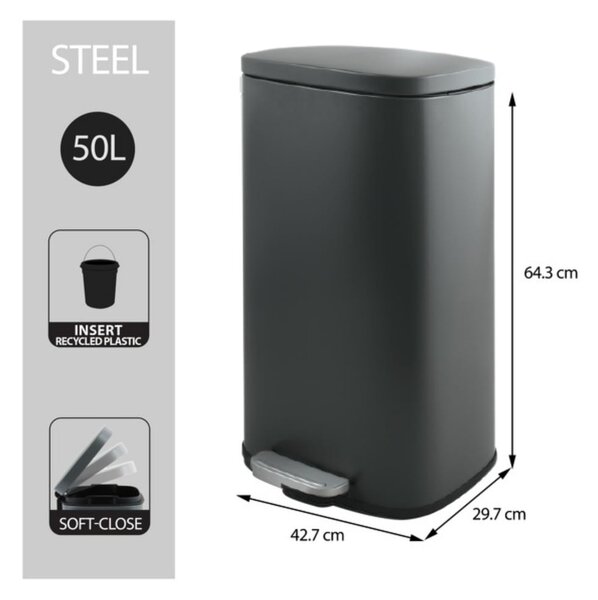 Cestino per la spazzatura grigio scuro in acciaio con pedale 50 l Akira – Spirella