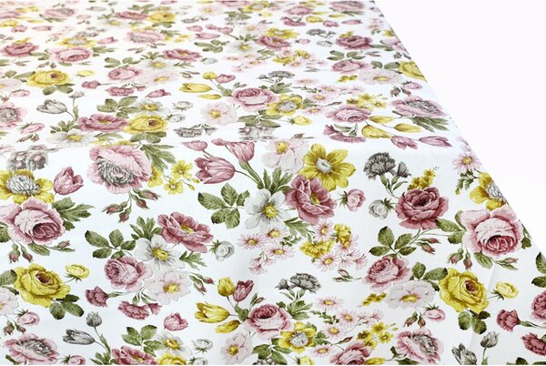 Tessuto cotone tovagliato al metro Fiori vintage, alt. 140 cm