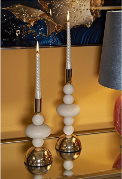 Porta Candele set due pezzi GALAXY CREAM CM � 10x h 22-10x h30 sfere e dischi colore crema e Oro