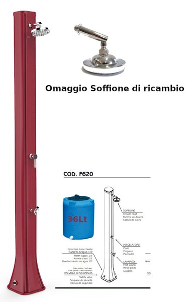 Doccia da Esterno in Resina A riscaldamento solare BIG HAPPY FIVE CON LAVAPIEDI 36 lt Dimensioni 26x20,5x h 220 cm - peso 17,5 kg Colore Rosso