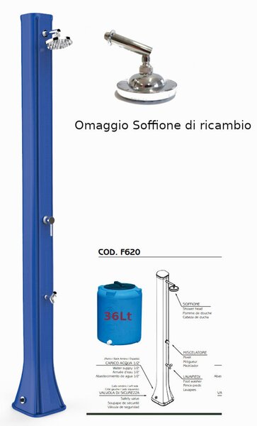 Doccia da Esterno in Resina A riscaldamento solare BIG HAPPY FIVE CON LAVAPIEDI 36 lt Dimensioni 26x20,5x h 220 cm - peso 17,5 kg Colore Blu