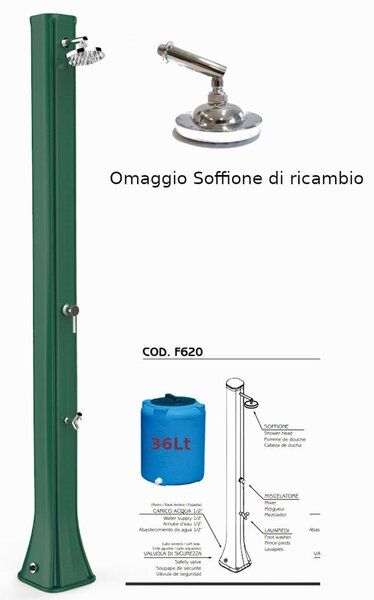 Doccia da Esterno in Resina A riscaldamento solare BIG HAPPY FIVE CON LAVAPIEDI 36 lt Dimensioni 26x20,5x h 220 cm - peso 17,5 kg Colore Verde Scuro