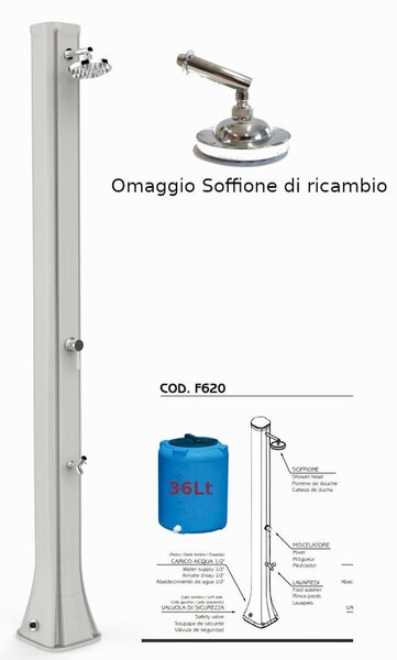 Doccia da Esterno in Resina A riscaldamento solare BIG HAPPY FIVE CON LAVAPIEDI 36 lt Dimensioni 26x20,5x h 220 cm - peso 17,5 kg Colore Bianco