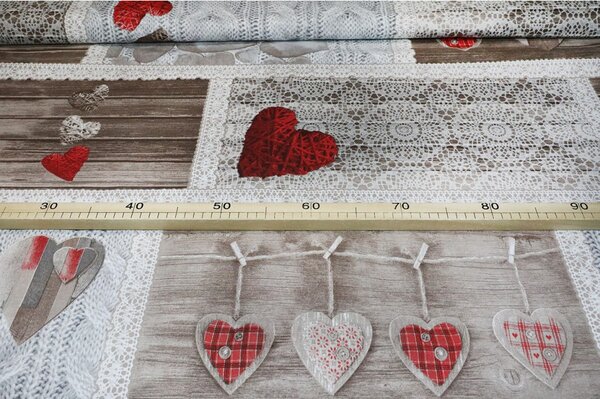 Tessuto di cotone Shabby love cuori rossi, h. 145 cm