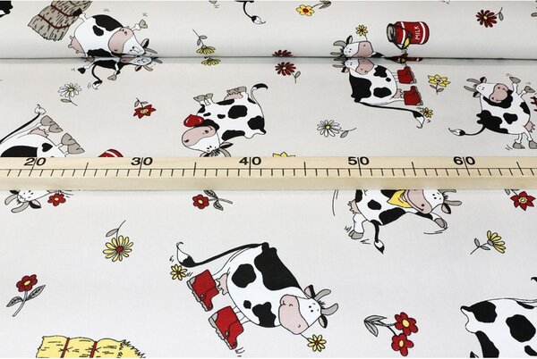 Tessuto cotone al metro - Mucche felici, h. 140 cm