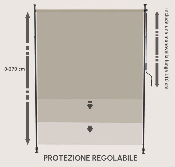 Tenda da sola Regolabile in Altezza con Manovella, Tendone Laterale e Telaio Metallico, senza Foratura, 2 x 2,15-3,05 m, Sabbia | Aosom Italy