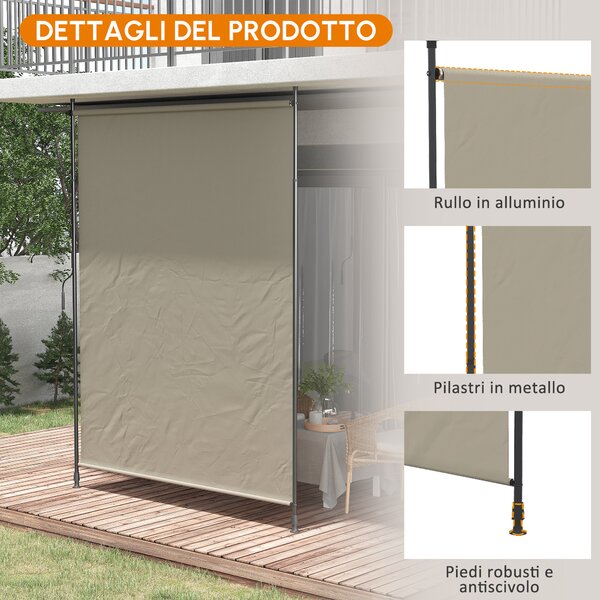 Tenda da sola Regolabile in Altezza con Manovella, Tendone Laterale e Telaio Metallico, senza Foratura, 2 x 2,15-3,05 m, Sabbia | Aosom Italy