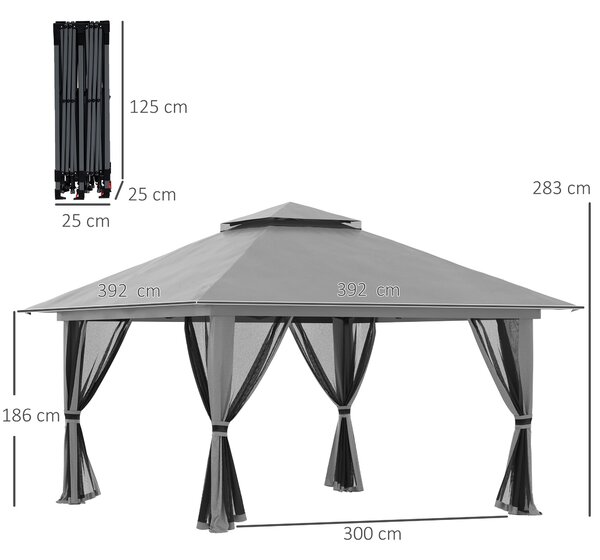 Outsunny Gazebo Pieghevole 4x4 con Borsa da Trasporto, Picchetti, Funi e Sacchi di Sabbia, in Acciaio e tessuto Oxford, 392x392x283 cm, Grigio | Aosom