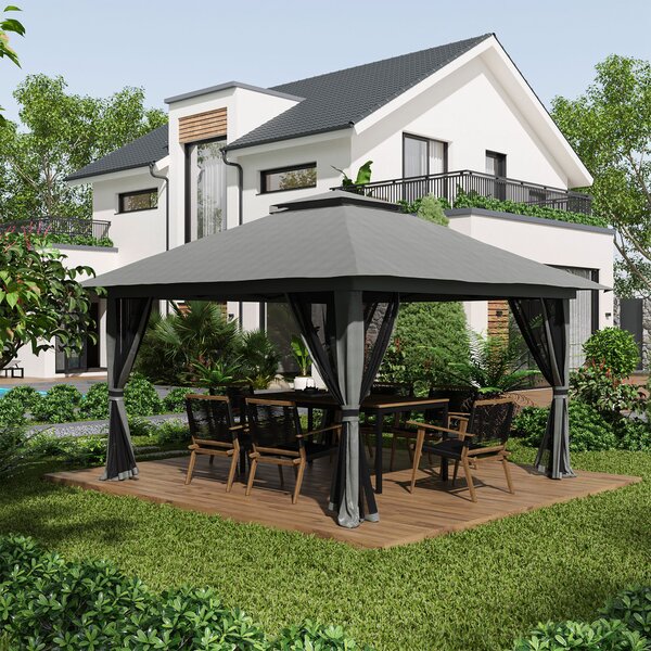 Outsunny Gazebo Pieghevole 4x4 con Borsa da Trasporto, Picchetti, Funi e Sacchi di Sabbia, in Acciaio e tessuto Oxford, 392x392x283 cm, Grigio | Aosom