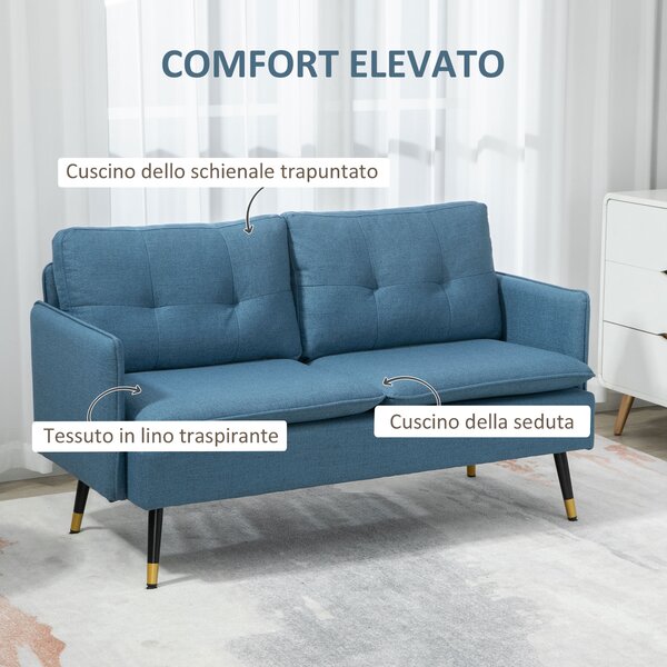 HOMCOM Divano Moderno 2 Posti con Cuscini Imbottiti e Gambe in Acciaio, 139x68x80cm, Tessuto Blu Scuro | Aosom Italy