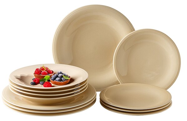 <p>Servizio piatti per 4 posti tavola in porcellana Premium Fine Chine color sabbia. Idonei per microonde. Lavabili in lavastoviglie</p>