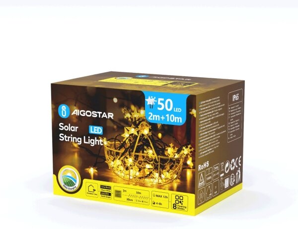 Aigostar - Catena solare a LED 50 LED / 8 modalità 12 m IP65 bianco caldo